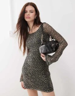 Motel Sartika Flared Sleeve Giraffe Print Mini Dress In Black And Cream For Women Black/cream