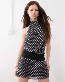 Motel Valina Mini Dress In Black Polka Dot For Women