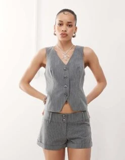 Motel Luno Button Front Waistcoat Co-ord In Pinstripe Grey For Women