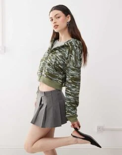 Motel Yukadi Zip Through Hoodie In Light Green Camo For Women