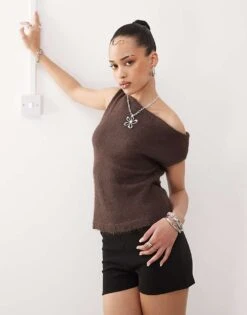 Motel Calyce Asymmetric Fluffy Knit In Chocolate Brown For Women