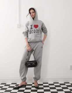 Motel Emiko Oversized I Heart 2010's Graphic Joggers Co-ord In Grey Marl For Women