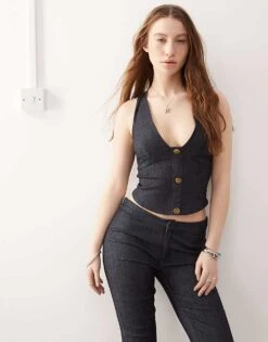 Motel Oria Denim Vest Top Co-ord In Dark Indigo For Women