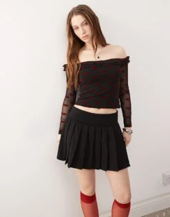 Motel Nihal Flocked Lips Print Bardot Top In Black For Women