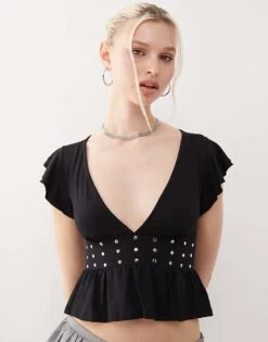 Motel Leisma Frill Sleeve Studded Plunge Top In Black For Women