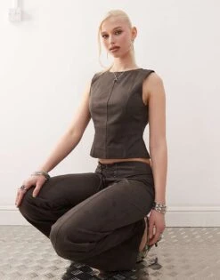 Motel Felia Tie Back Faux Suede Top Co-ord In Dark Brown For Women