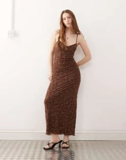 Motel Kalana Swirl Flock Maxi Cami Dress In Brown For Women Swirl Flock Brown