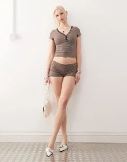 Motel Sera Striped Micro Shorts Co-ord In Brown For Women Multi Grey Stripe