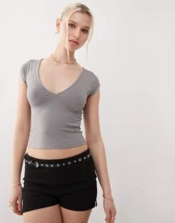 Motel Dolores Wrap V-neck Top In Grey For Women
