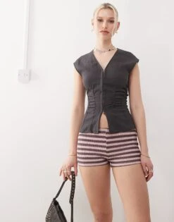 Motel Nikaya Knit Stripe Mini Shorts In Pink And Brown For Women Pink Brown