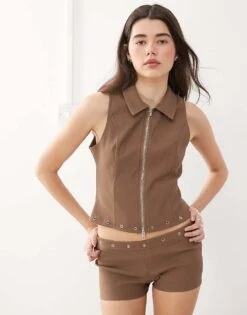 Motel Janae Studded Zip Through Vest Top Co-ord In Brown For Women