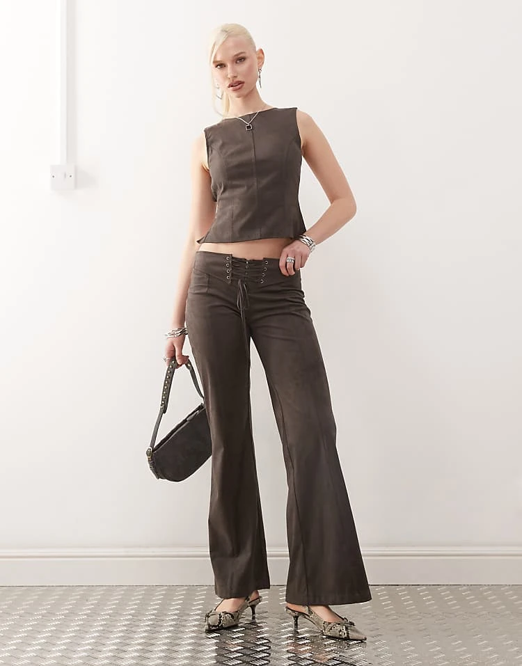 Motel Vallen Tie-front Faux Suede Trouser In Dark Brown For Women