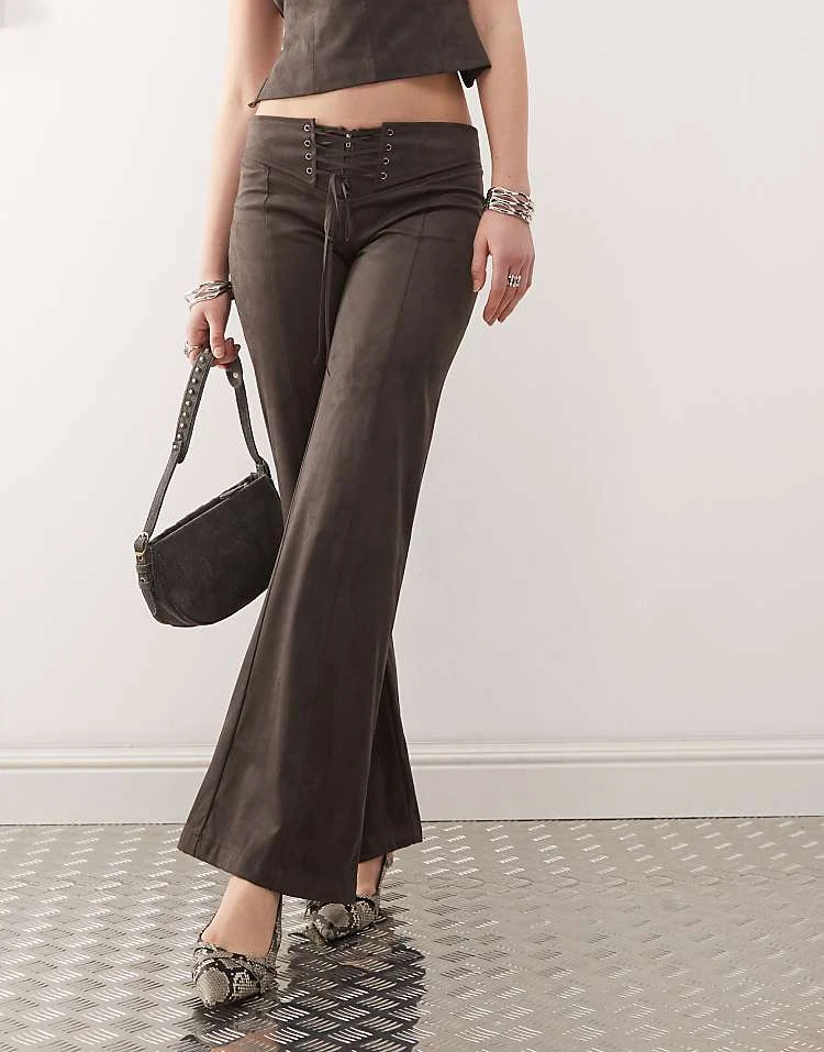 Motel Vallen Tie-front Faux Suede Trouser In Dark Brown For Women - Image 2