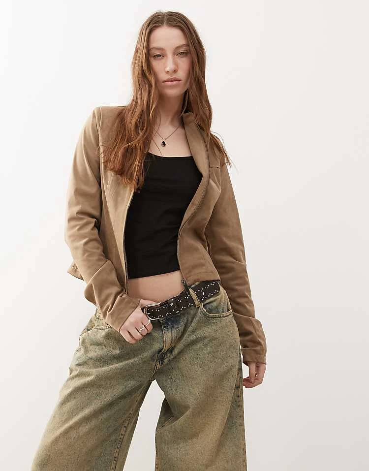 Motel Mandy Faux Suede Biker Jacket In Walnut For Women