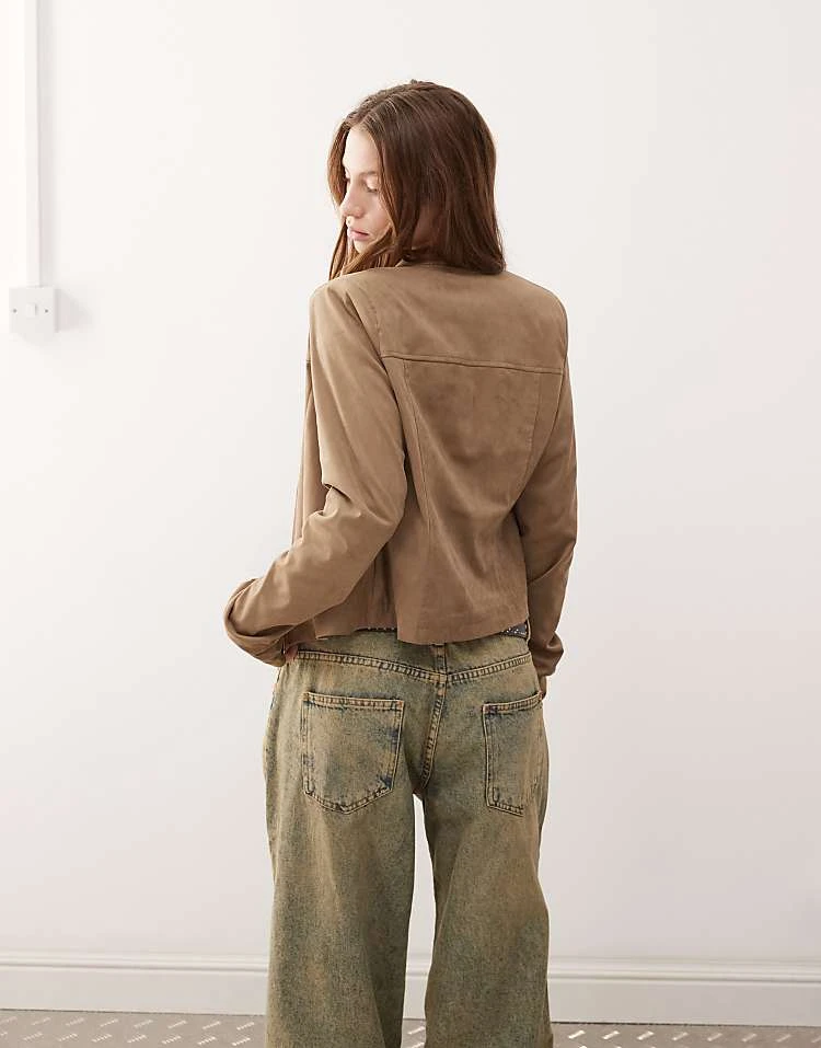 Motel Mandy Faux Suede Biker Jacket In Walnut For Women - Image 3