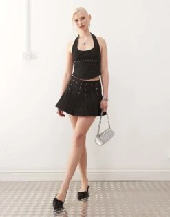 Motel Gatlin Studded Pleated Mini Skirt Co-ord In Washed Black For Women Black Wash
