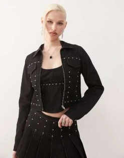 Motel Ronira Stud Detail Fitted Denim Jacket In Washed Black For Women Black Wash