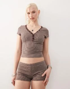 Motel Yolla Striped Baby T-shirt Co-ord In Brown For Women Multi Grey Stripe