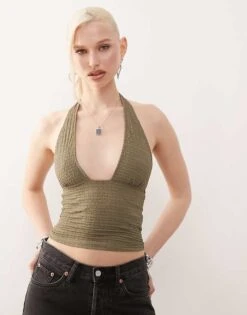 Motel Cosimo Textured Halter Top In Khaki For Women