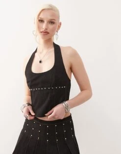 Motel Nasya Stud Halter Top Co-ord In Washed Black For Women Black Wash