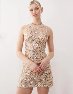 Motel Zeyana Sequin Mini Tank Dress In Gold For Women