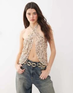 Motel Ruway Sequin Scarf Top In Gold For Women