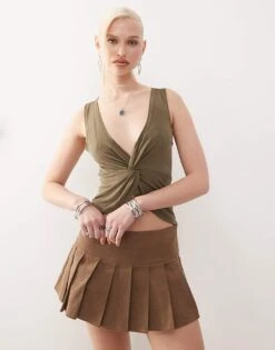 Motel Arlys Twist Detail Slinky Top In Khaki For Women